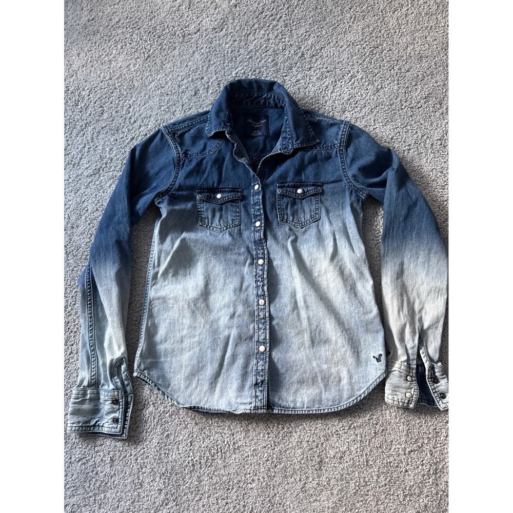 American Eagle Blue Ombre Denim Western Shirt Pearl Snap XS Y2K Jean Button Down